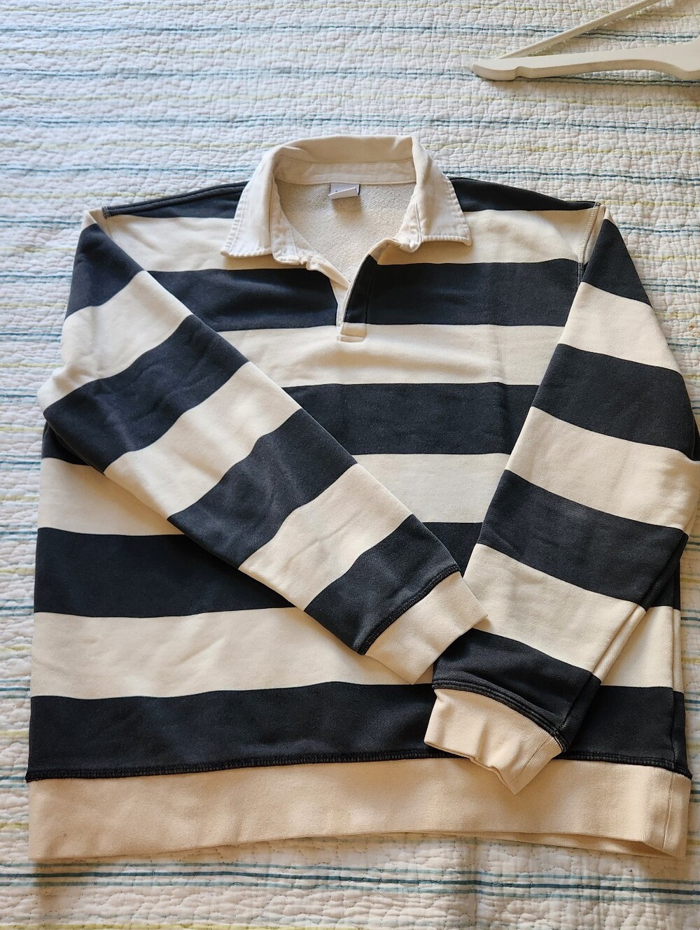 Men's Black and Cream Striped Rugby Shirt - Classic Long Sleeve